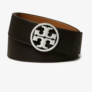 Tory Burch 1.5" MILLER REVERSIBLE BELT, Black/Brown/silver logo hardware
